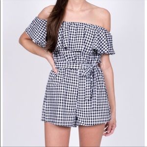 HAUTE ROGUE gingham off shoulder romper sz US Sm